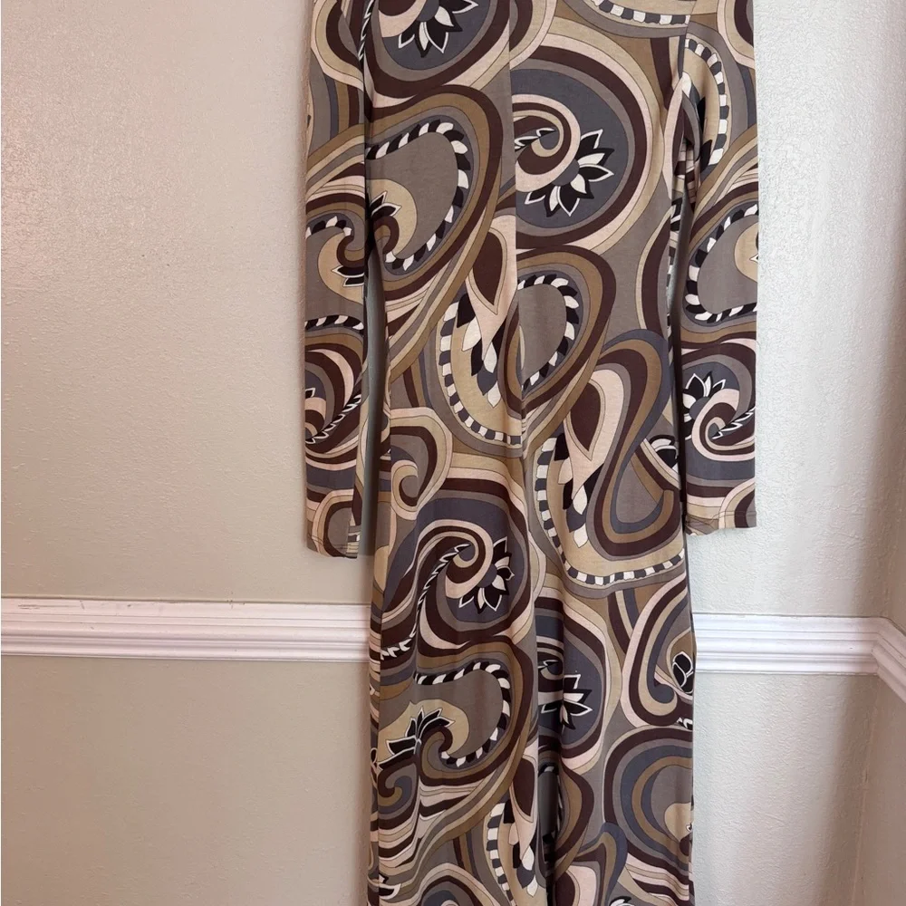 Zara Elegant Brown Patterned Long Sleeve Dress Medium - Picture 4 of 8